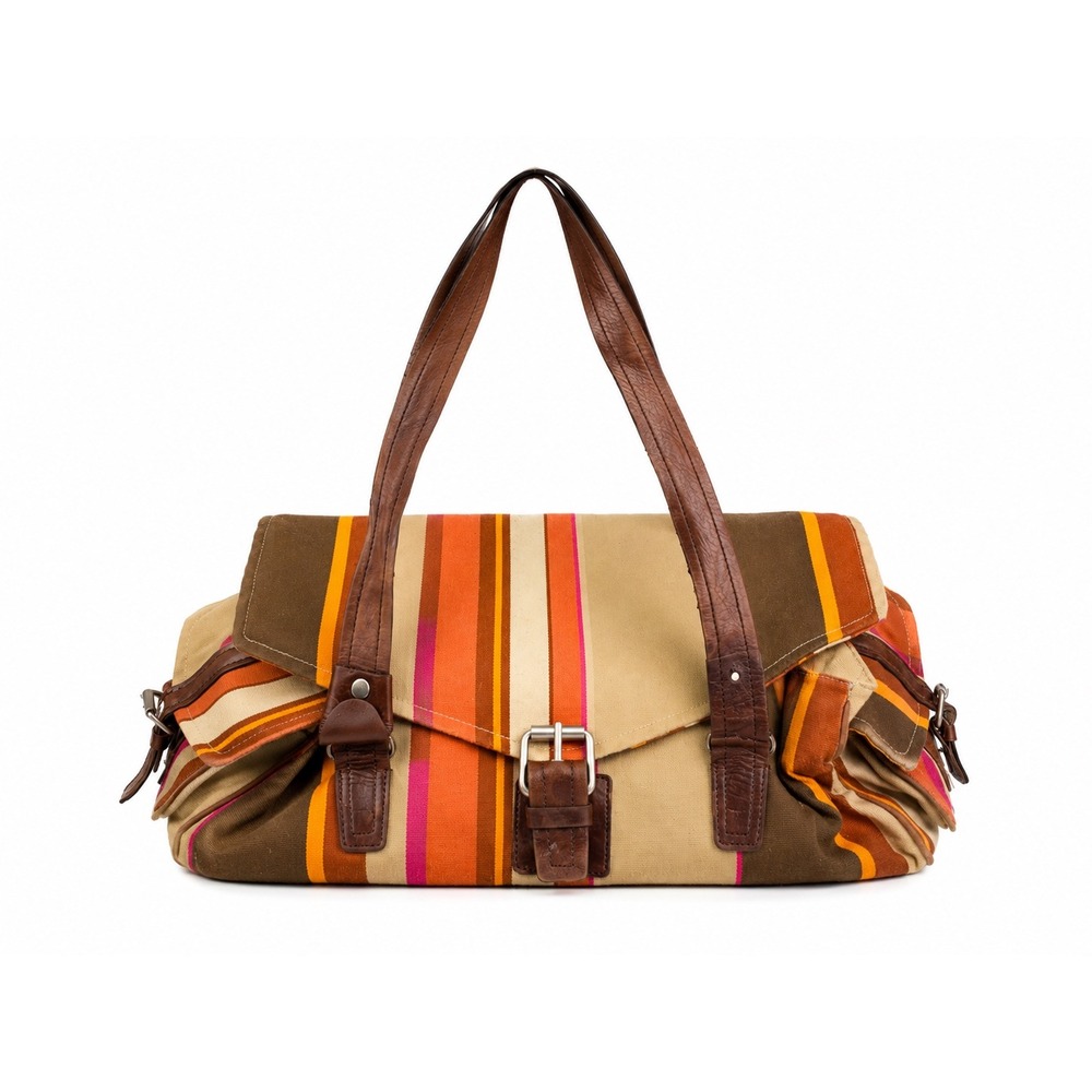 Preston & York Vintage Y2K Orange Striped Canvas Leather Trim Boho Shoulder Bag